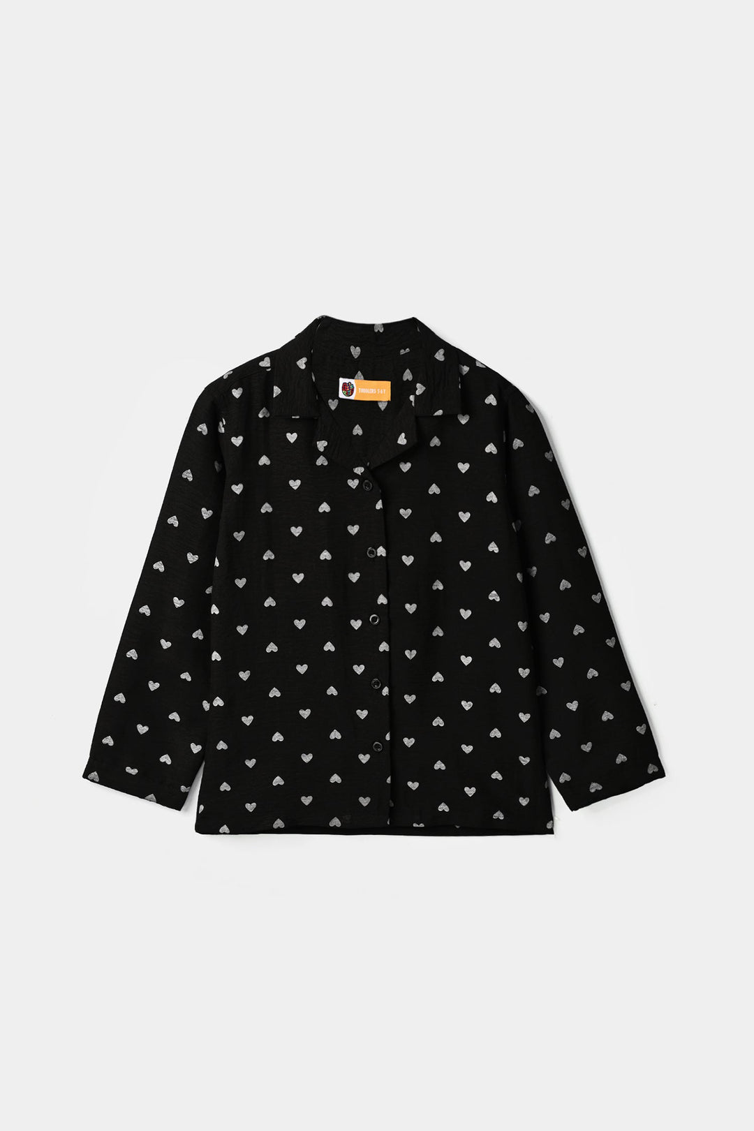 Girls Linen Viscose Nightwear-AOP Heart-BLACK