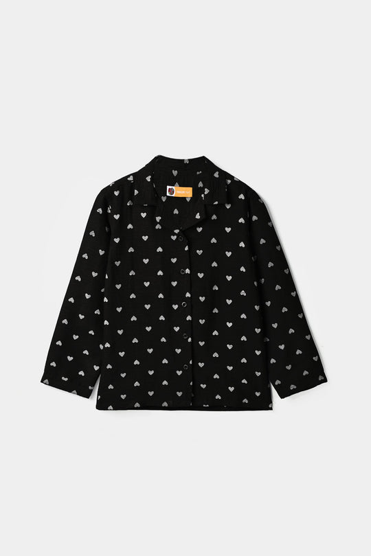 Girls Linen Viscose Nightwear-AOP Heart-BLACK