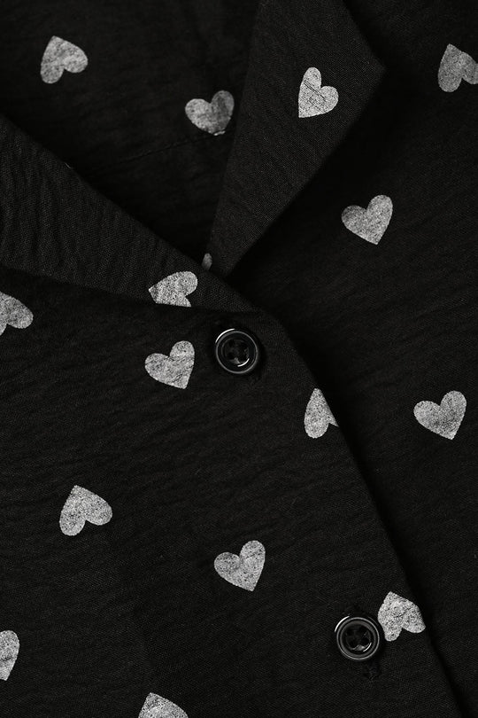 Girls Linen Viscose Nightwear-AOP Heart-BLACK