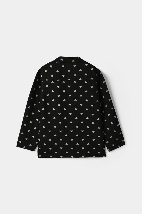Girls Linen Viscose Nightwear-AOP Heart-BLACK