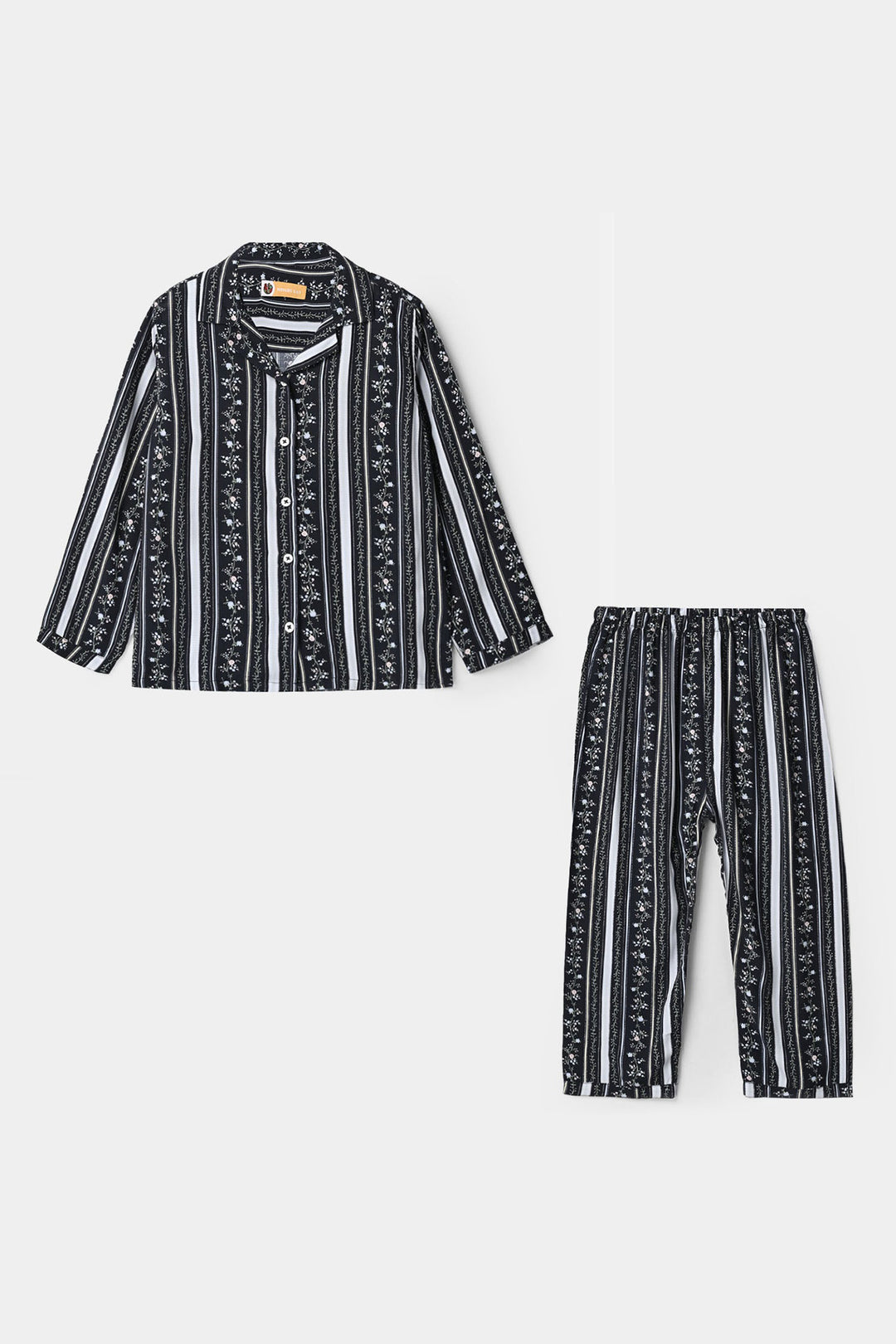 Girls Linen Viscose Nightwear-Stripe Floral-NAVY