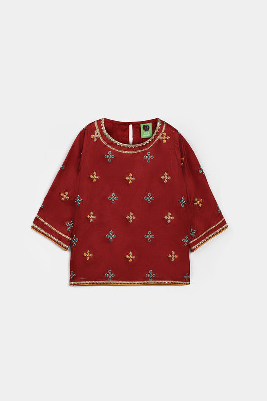 Infant Girls Raw Silk 2 Pcs Little Desi - Red