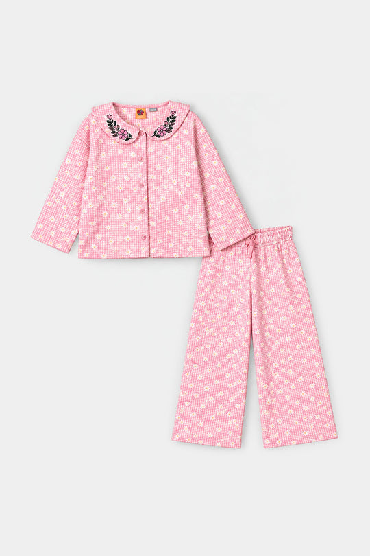 Girls Poly Crinkle 2 Pcs Suit Flowers on Collars-Pink