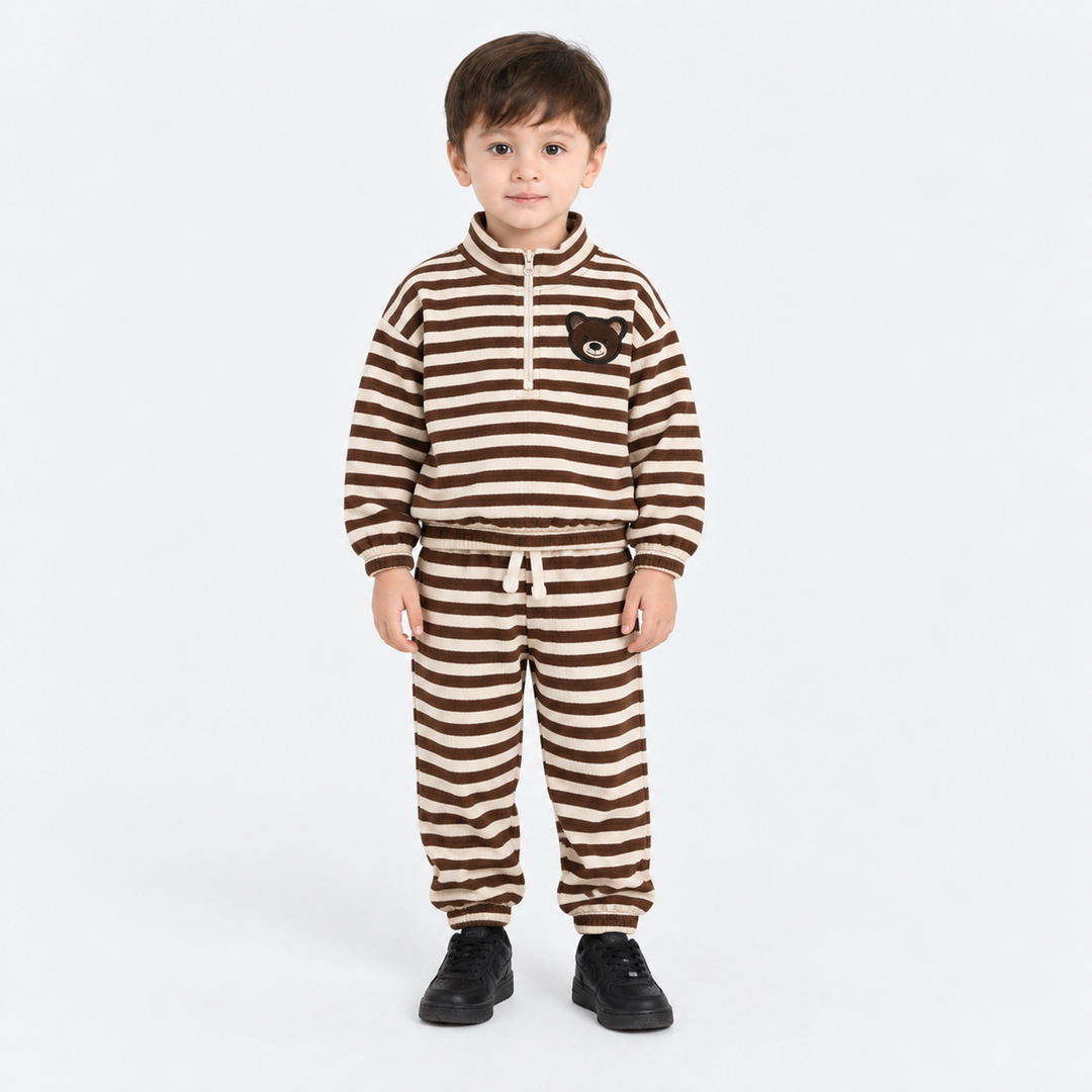 Infant Boys Cotton Terry 2Pcs Suit Stripes-BROWN