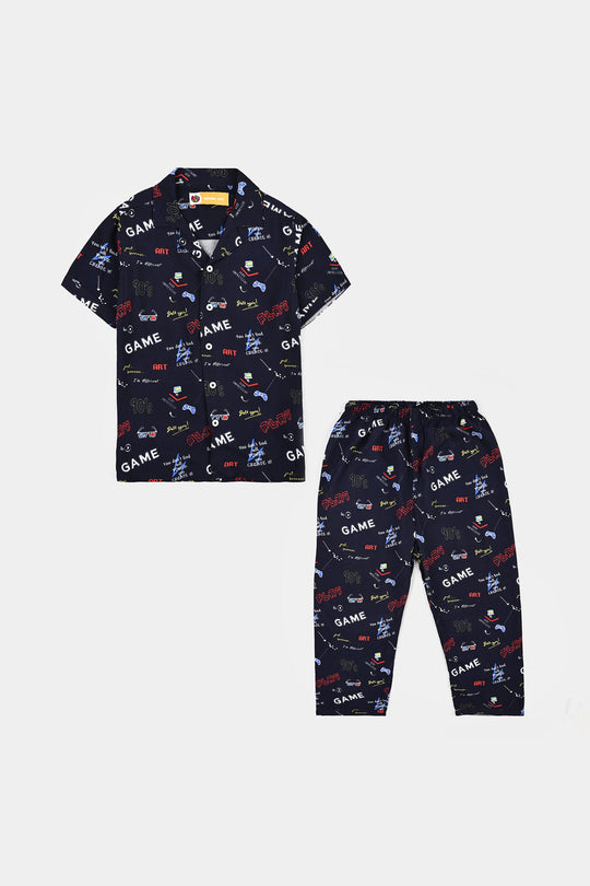 Boys Linen Viscose Nightwear-90's Game-NAVY