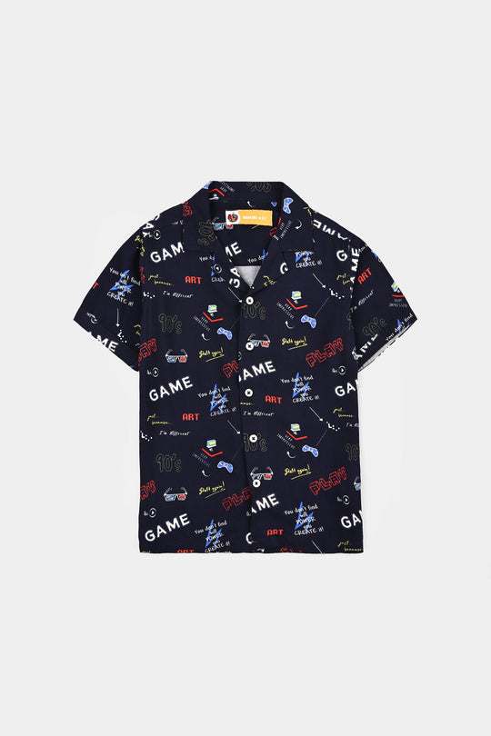Boys Linen Viscose Nightwear-90's Game-NAVY