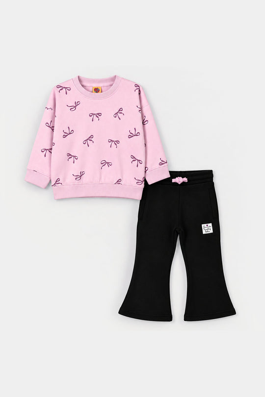Girls Fleece 2 Piece Suit Bow Pattern-Orchid