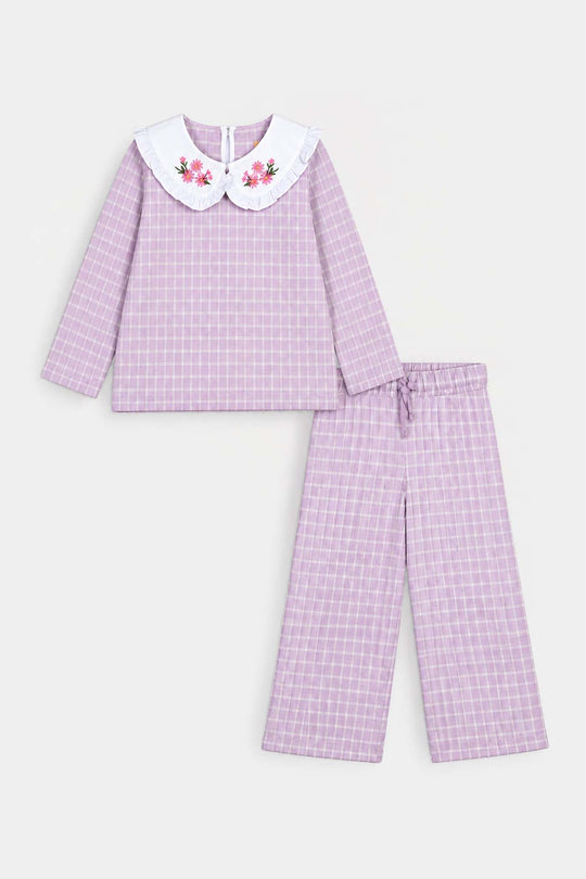 Girls Yarn Dyed 2Pcs Suit Flower Embroidery-Purple