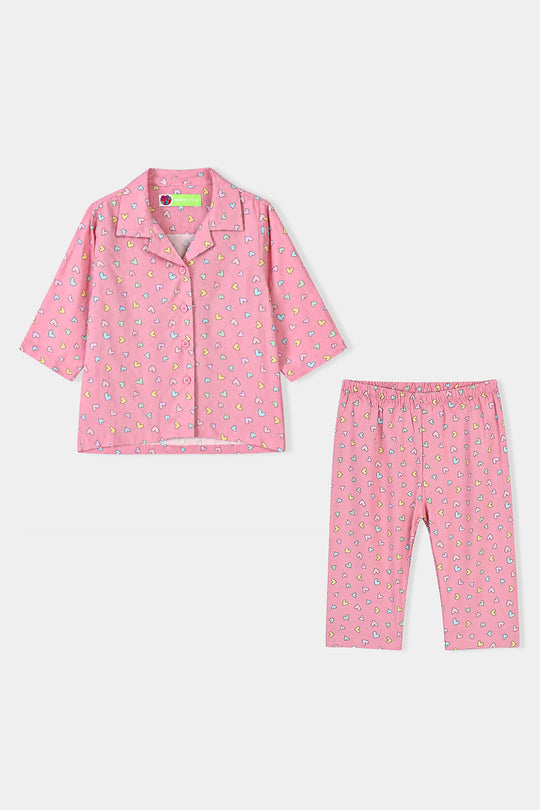 Infant Girls Linen Viscose Nightwear-Multi Hearts-Pink