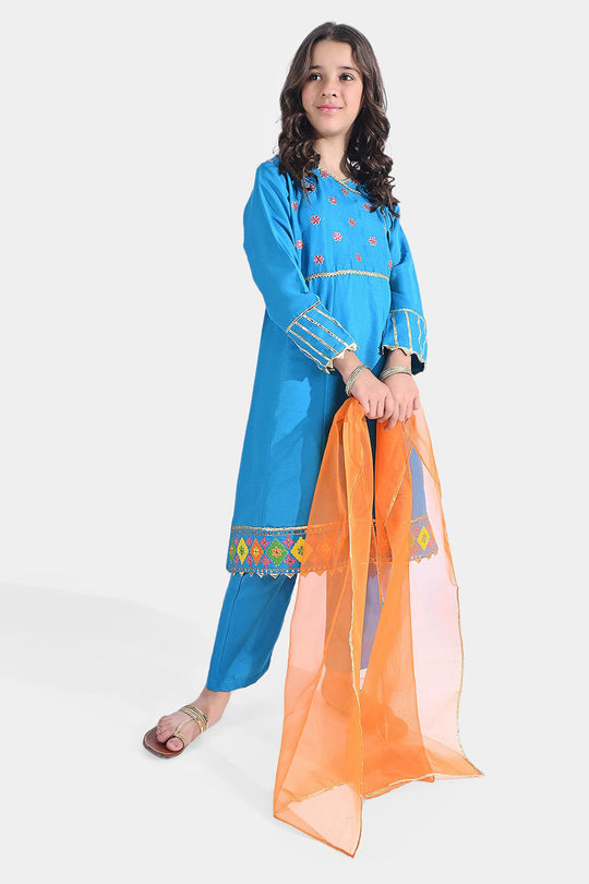 Girls Raw Silk 3PCs Suit Rang-o-Sehar-Blue