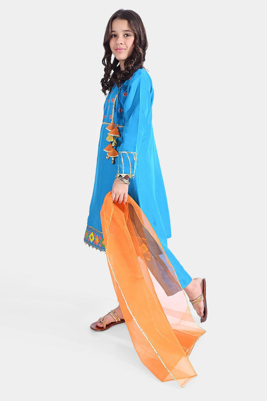 Girls Raw Silk 3PCs Suit Rang-o-Sehar-Blue