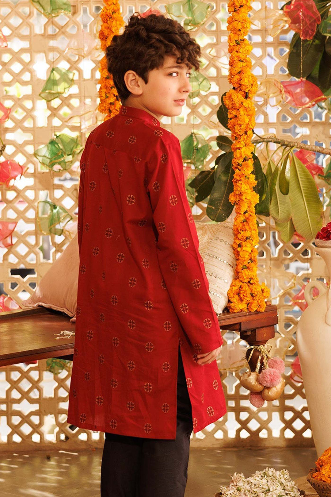 Boys Cotton Jacquard Printed Kurta (Ornamental) - Red