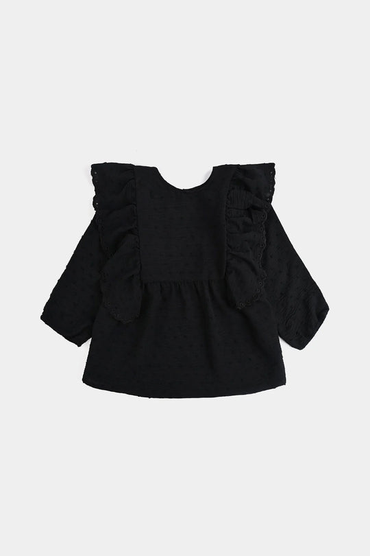 Girls Cotton Emb Top Maroon Ruffles-BLACK