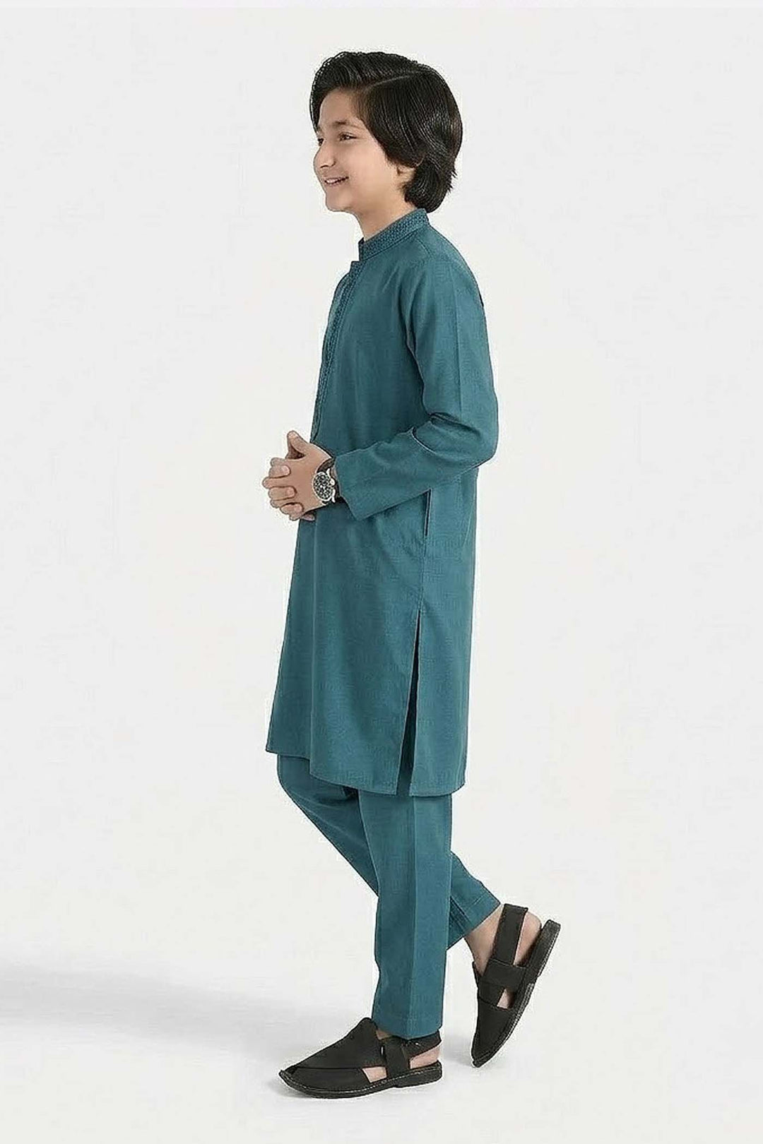 Boys Cotton Jacquard Kurta Pajama (Flora) - Teal