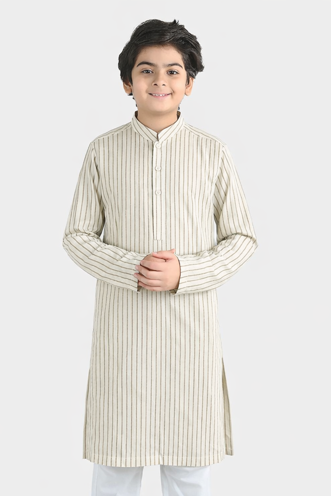Boys Yarn Dyed Basic Kurta - White Stripe
