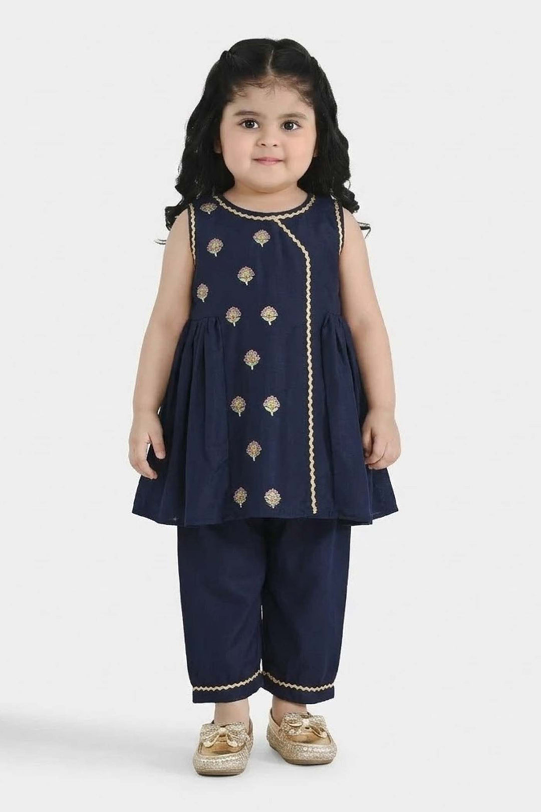 Infant Girls Embroidered Poly Cambric 2-Piece Suit (Chulbuli) - Navy