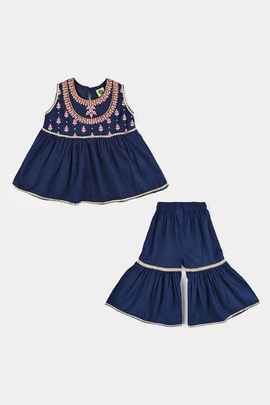 Infant Girls Cotton Slub Emb 2Pcs Raqs-Navy Blue