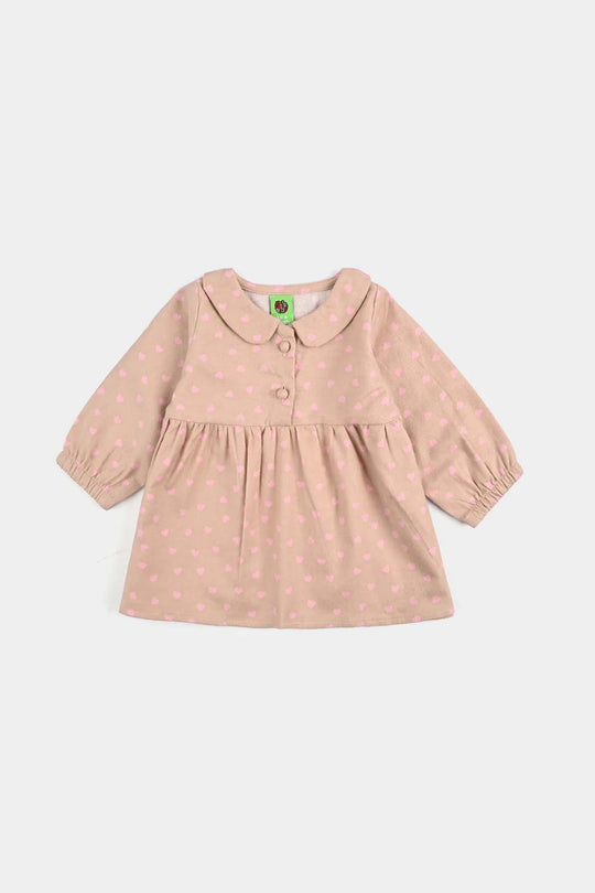 Infant Girls Cotton Casual Frock Pink Heart - BEIGE