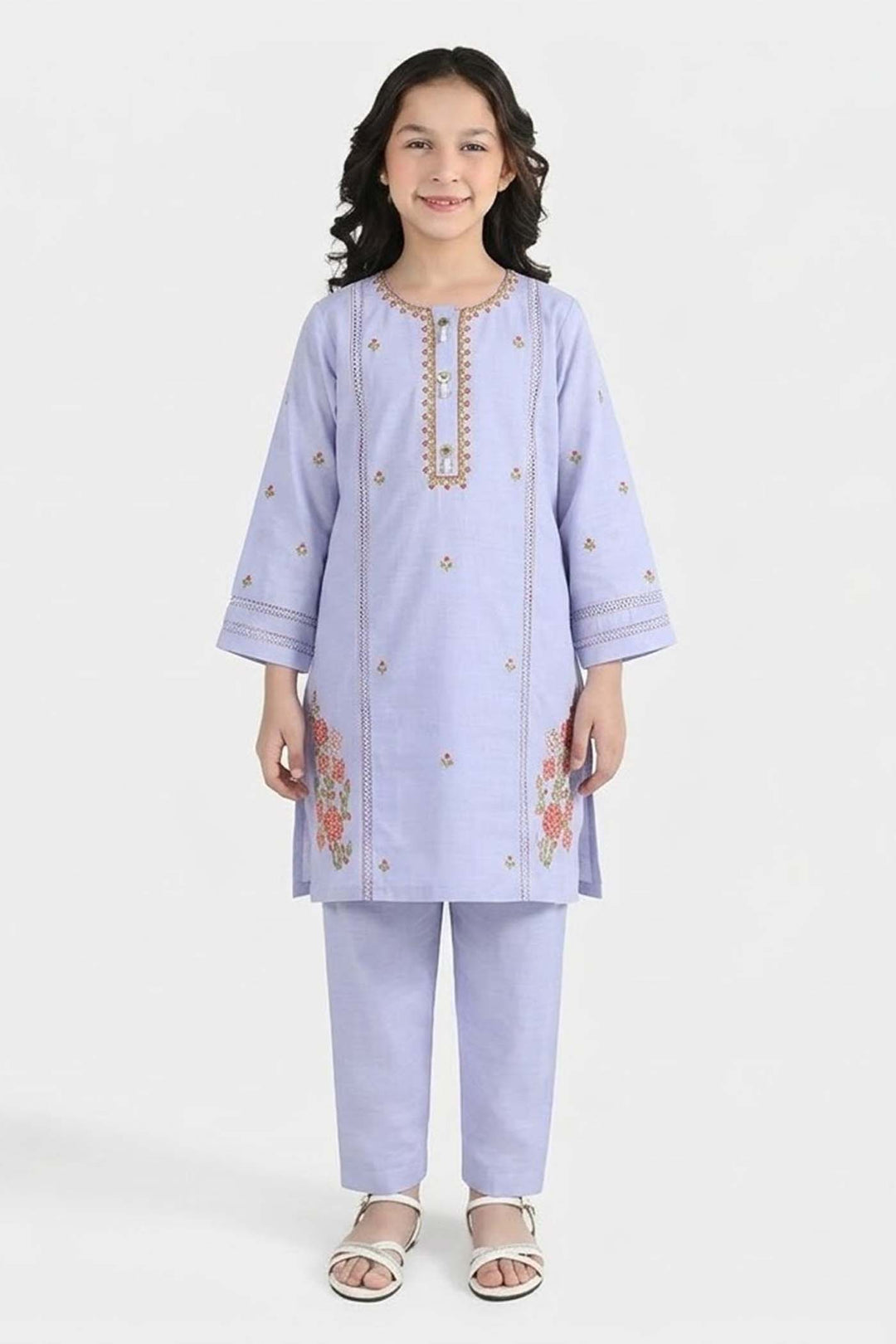 Girls Cotton Slub Embroidered Suit (Nagma) - Lilac