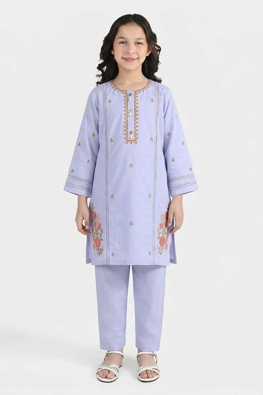Girls Cotton Slub Embroidered Suit (Nagma) - Lilac