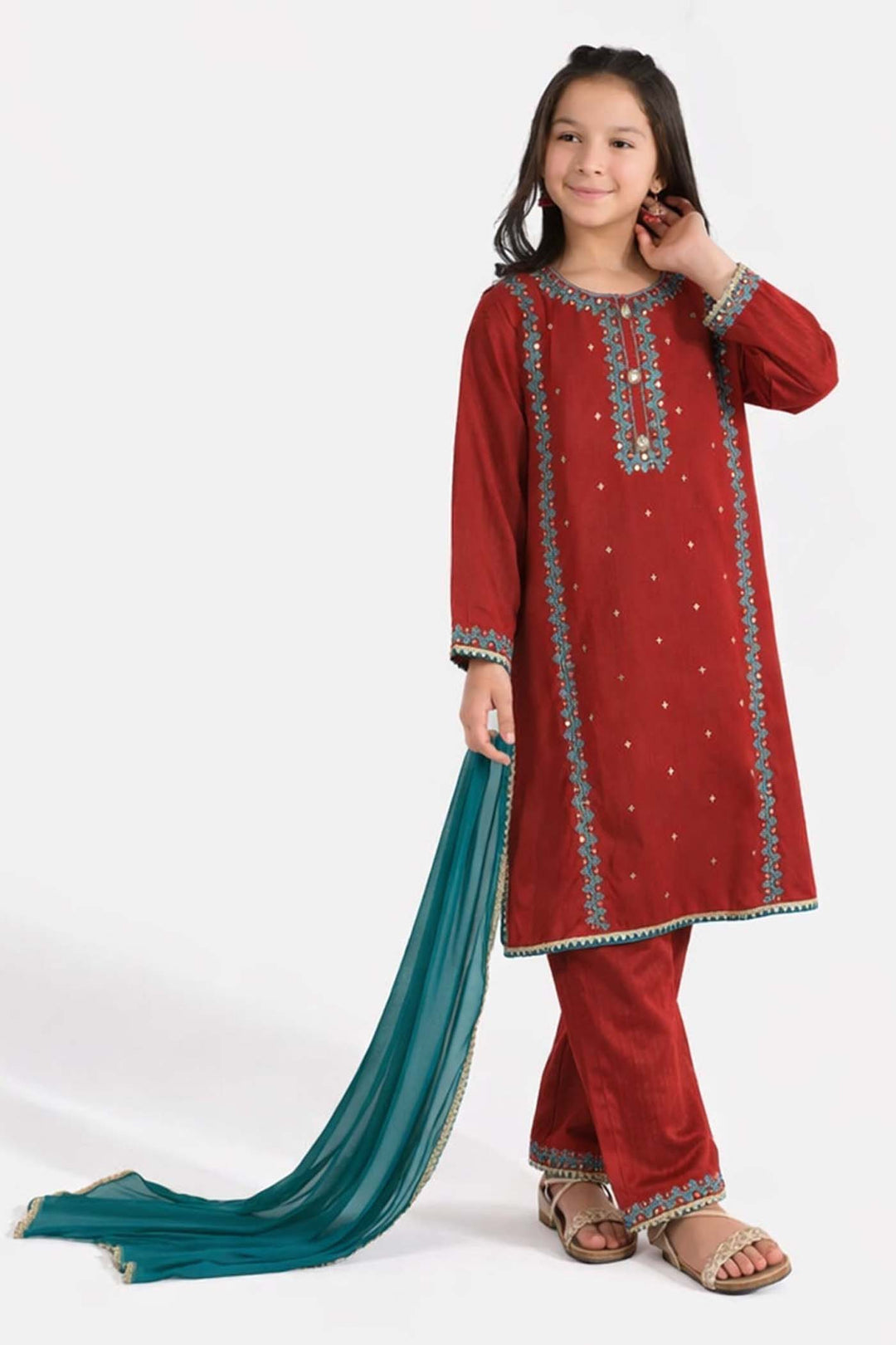 Girls Raw Silk 3 Pcs (Naqsh) - Red