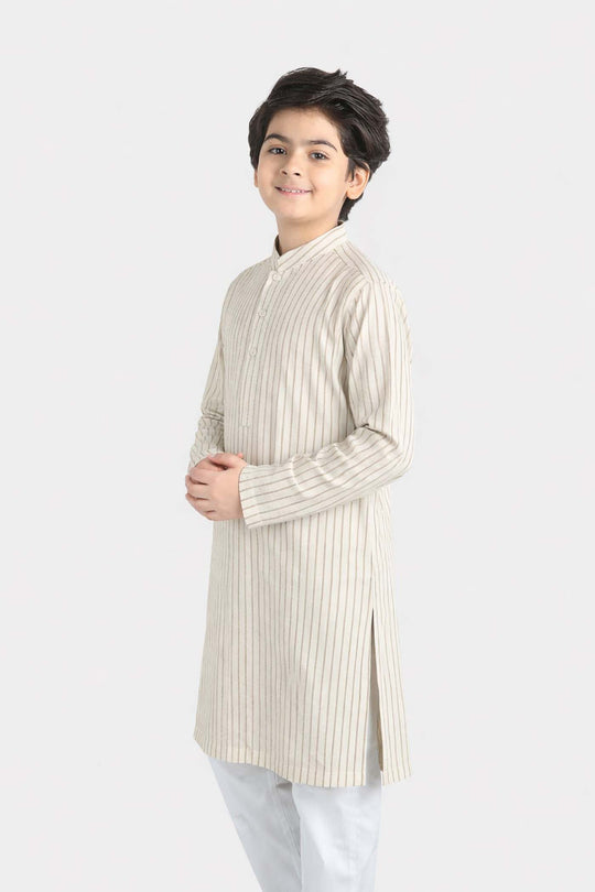 Boys Yarn Dyed Basic Kurta - White Stripe