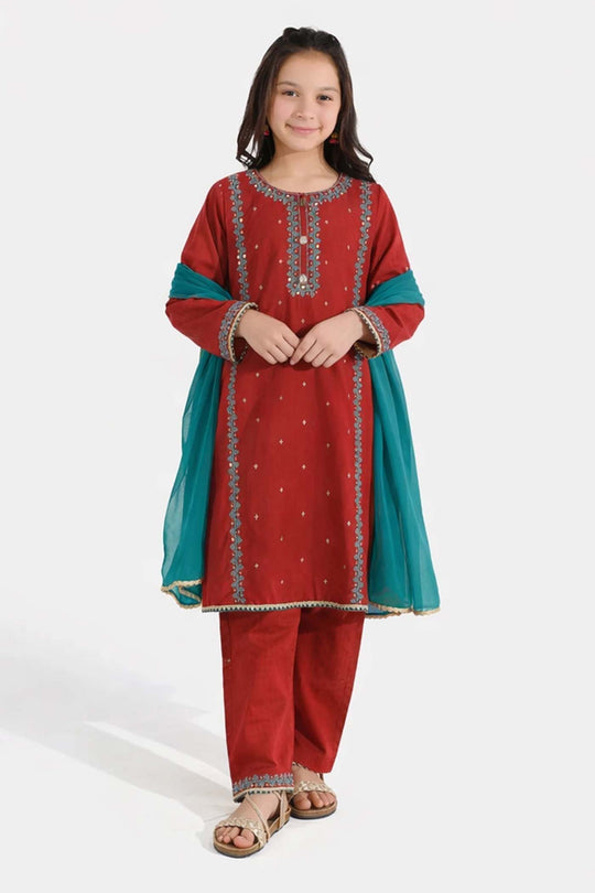 Girls Raw Silk 3 Pcs (Naqsh) - Red