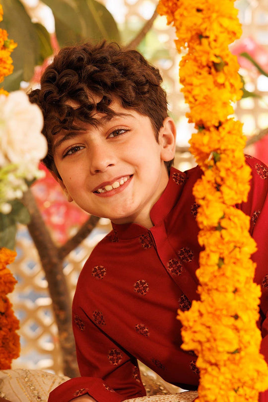 Boys Cotton Jacquard Printed Kurta (Ornamental) - Red