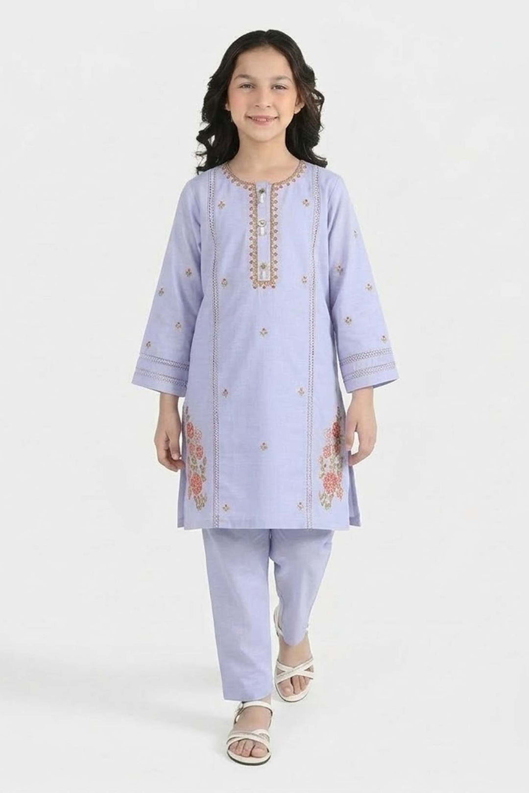 Girls Cotton Slub Embroidered Suit (Nagma) - Lilac