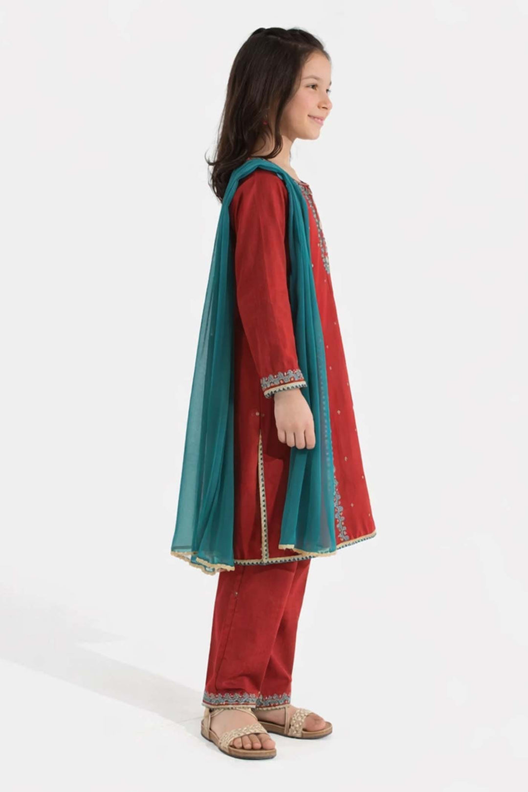 Girls Raw Silk 3 Pcs (Naqsh) - Red