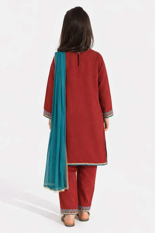 Girls Raw Silk 3 Pcs (Naqsh) - Red