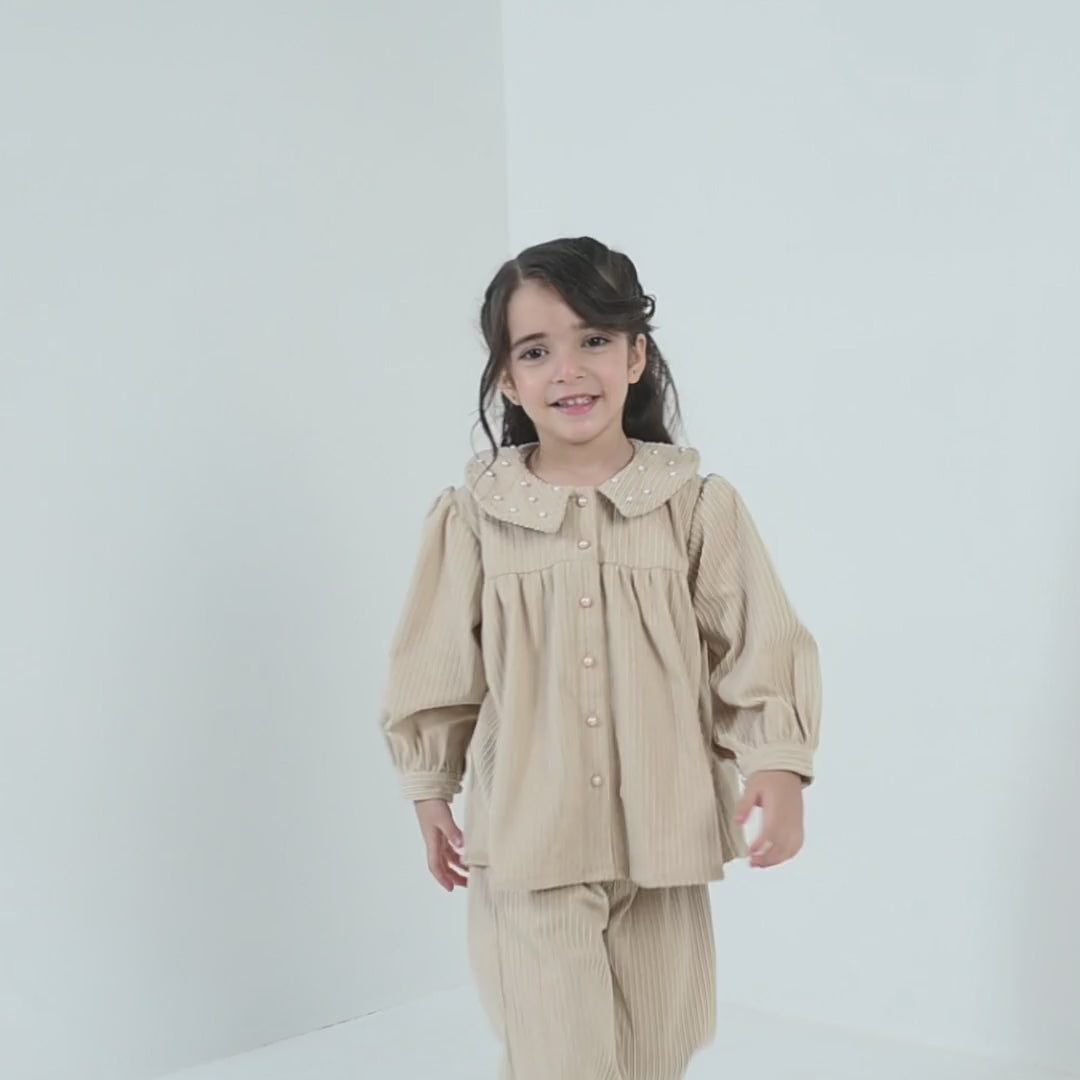 Girls Gauze Co-Ord Set Swan-BEIGE