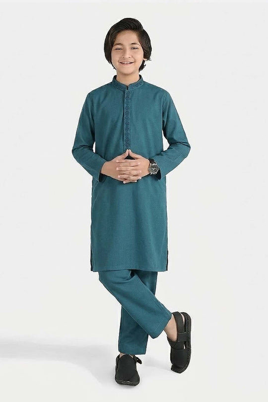 Boys Cotton Jacquard Kurta Pajama (Flora) - Teal