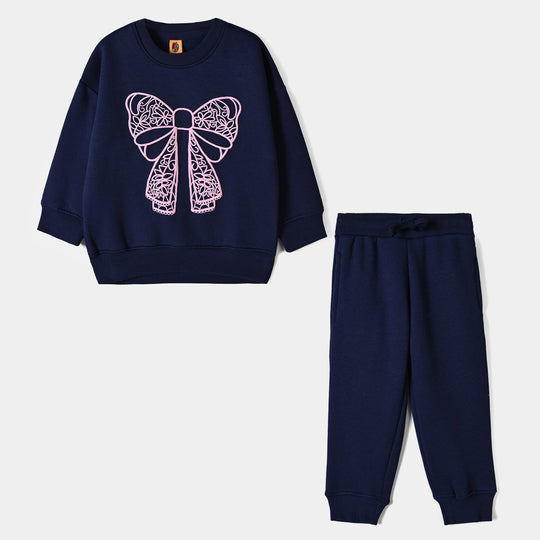 Girls Fleece 2 Piece Suit Lace Bow - NAVY