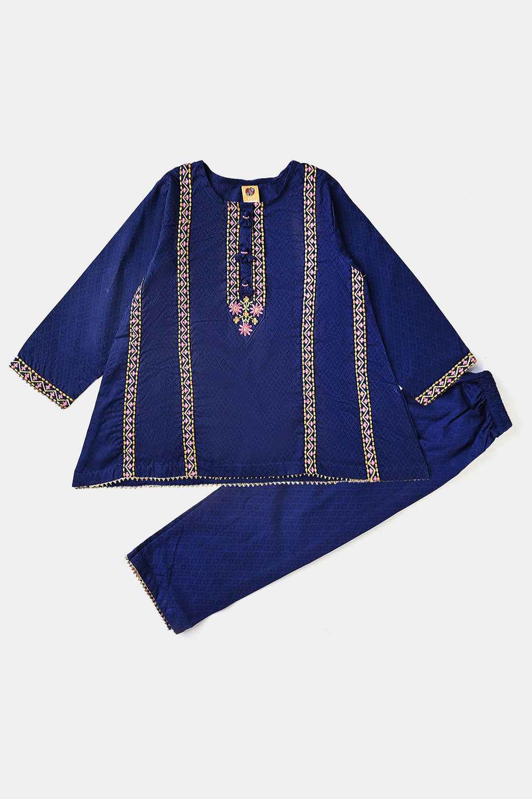 Girls Jacquard EMB 2PC Suit Sakoon-Navy Blue