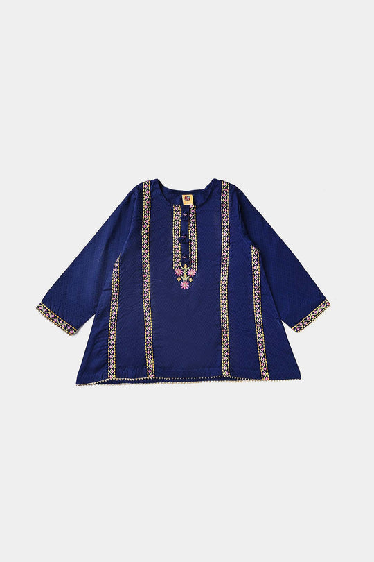 Girls Jacquard EMB 2PC Suit Sakoon-Navy Blue