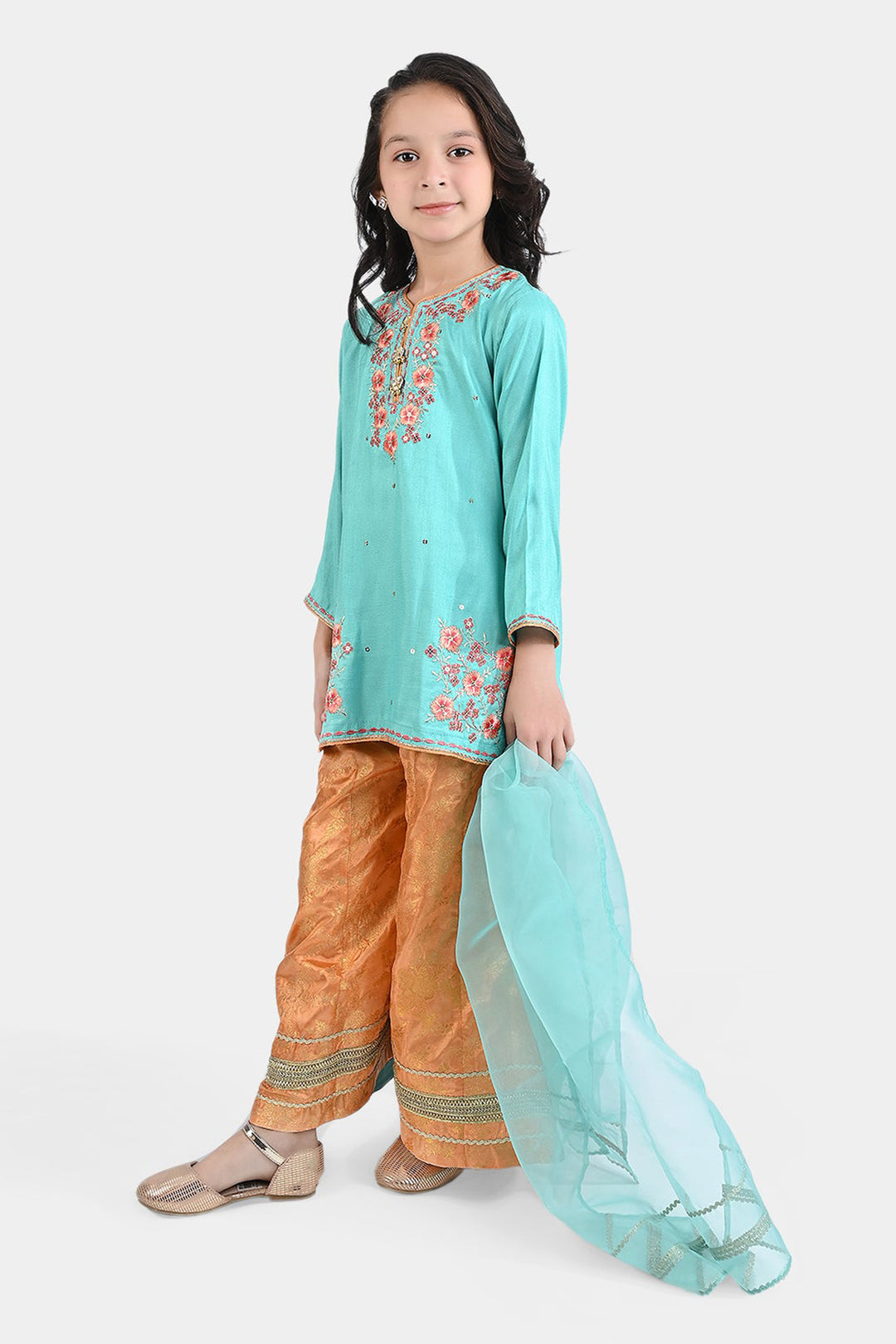 Girls Raw Silk 3PC Suit Raqs-e-Bahar-Aqua Green