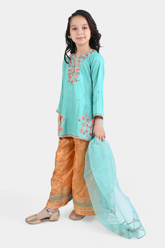 Girls Raw Silk 3PC Suit Raqs-e-Bahar-Aqua Green