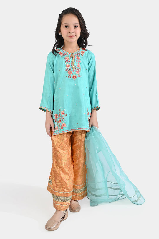 Girls Raw Silk 3PC Suit Raqs-e-Bahar-Aqua Green