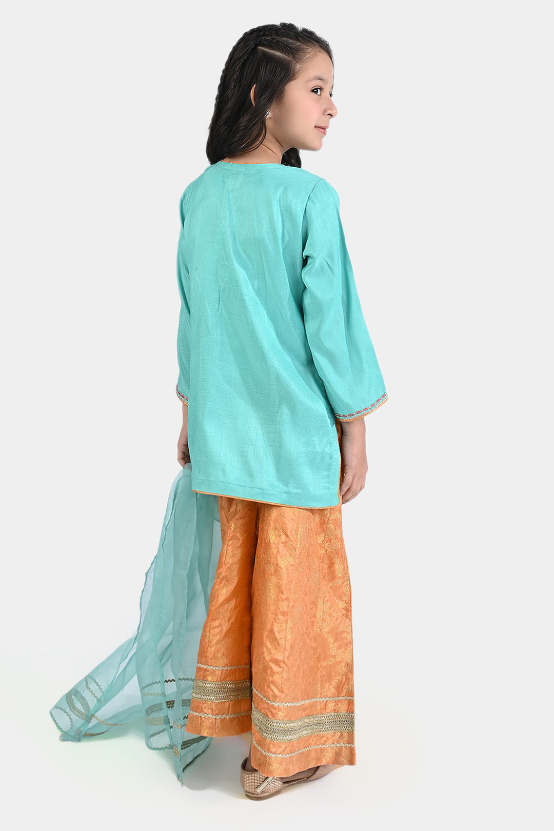 Girls Raw Silk 3PC Suit Raqs-e-Bahar-Aqua Green