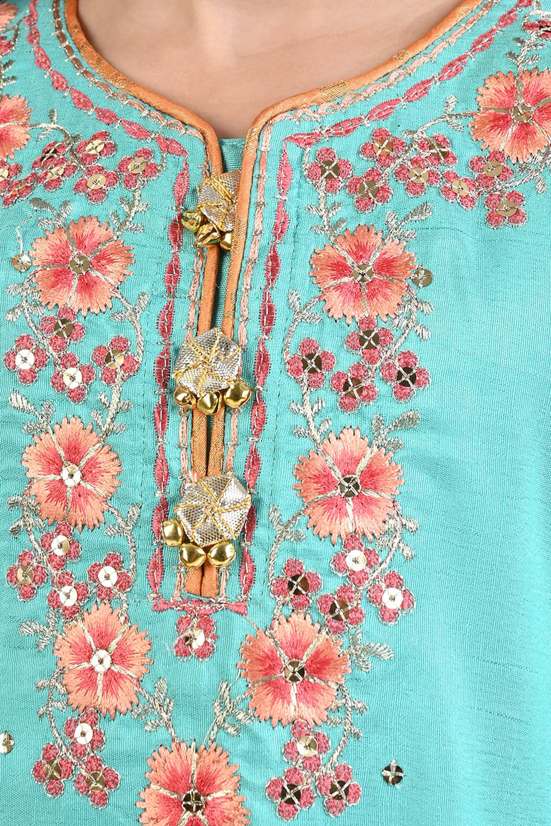 Girls Raw Silk 3PC Suit Raqs-e-Bahar-Aqua Green