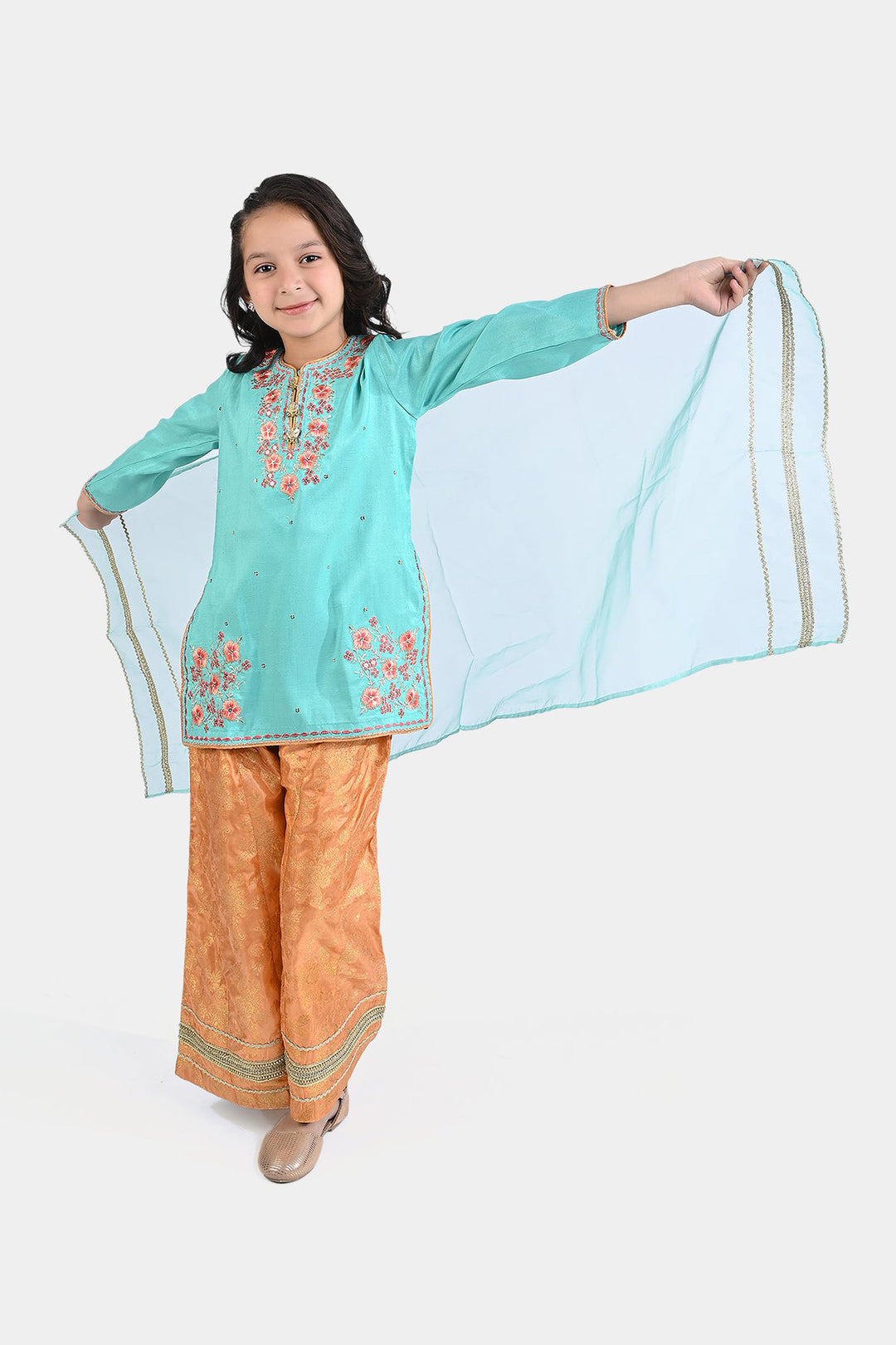 Girls Raw Silk 3PC Suit Raqs-e-Bahar-Aqua Green