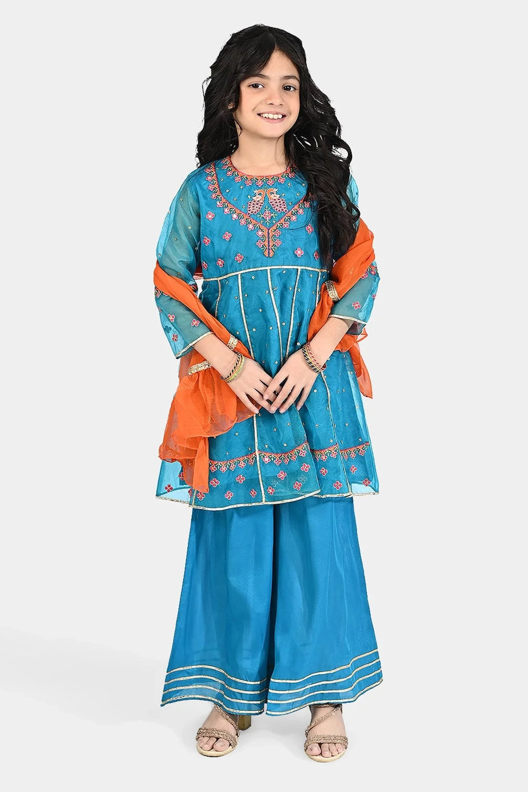 Girls Organza 3Pcs Suit Rangeen - Blue