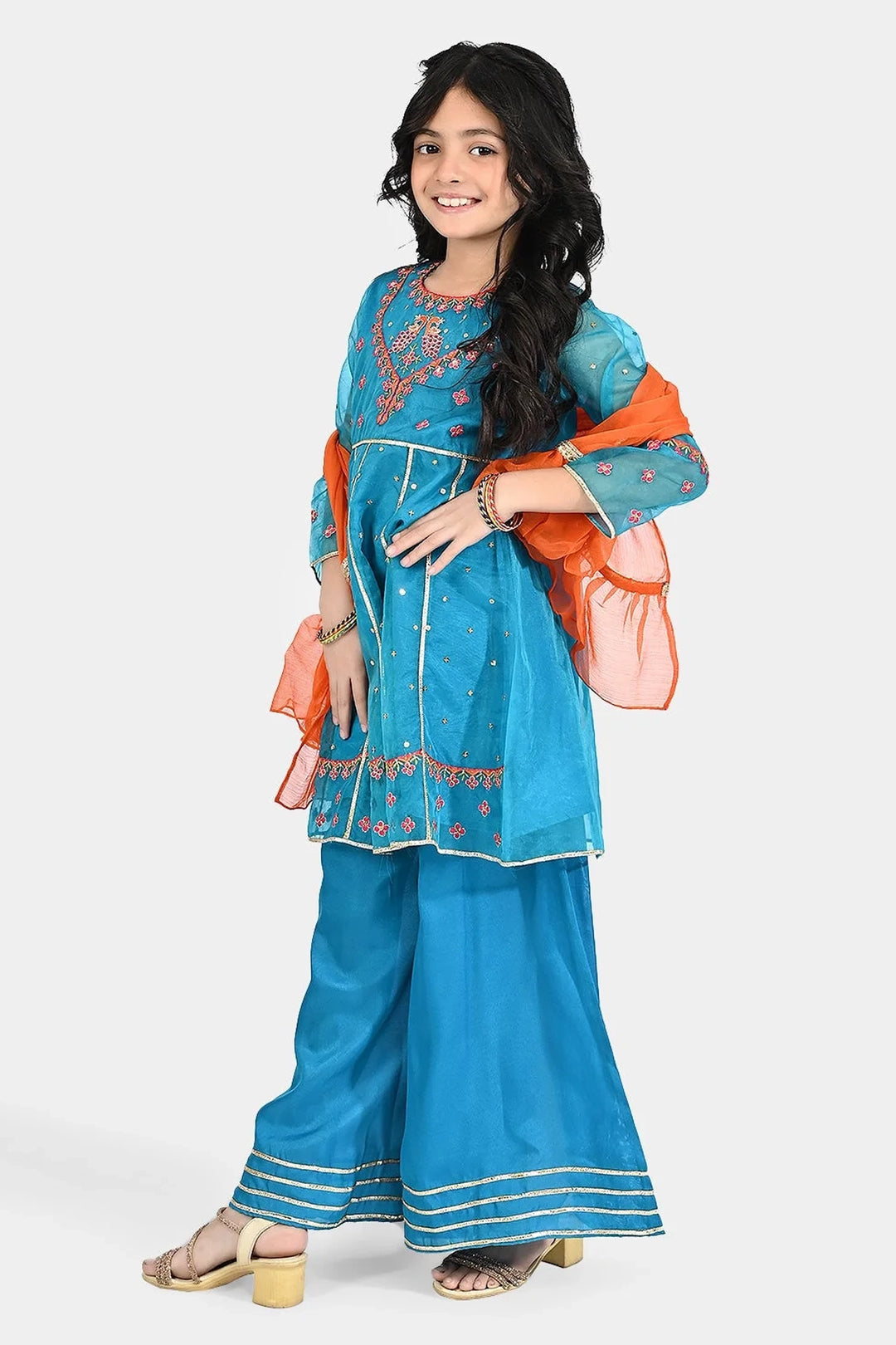 Girls Organza 3Pcs Suit Rangeen - Blue