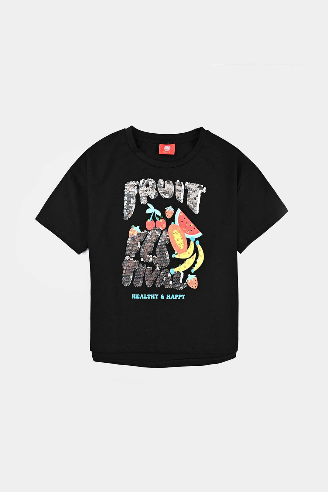 Girls Lycra Jersey T-Shirt Fruit-BLACK