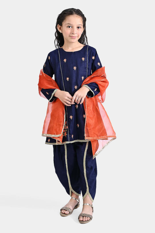 Girls Raw Silk 3 Pcs Umang - Navy Blue