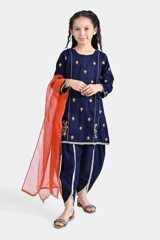 Girls Raw Silk 3 Pcs Umang - Navy Blue