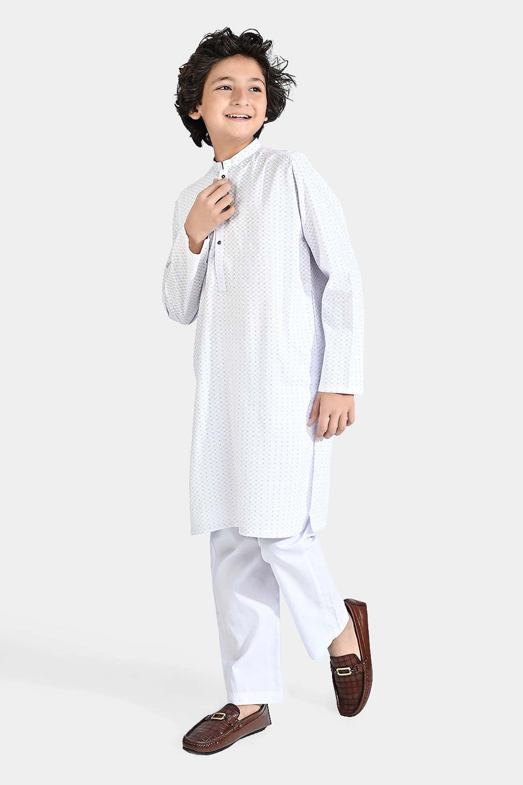 Boys Poly Viscose Shalwar Suit (Dots)-White