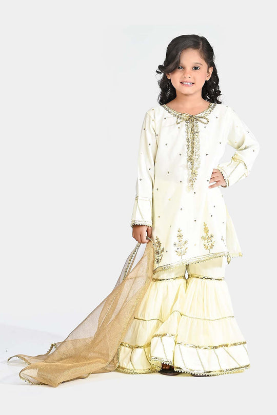Girls Raw Silk 3Pcs Chaman - Cream