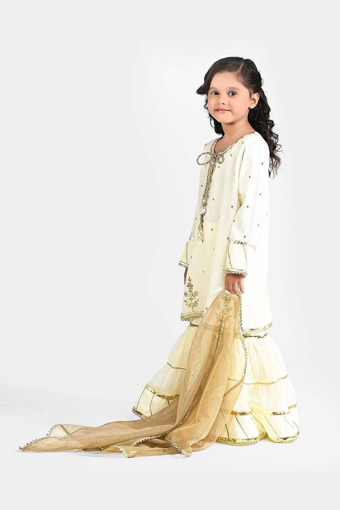 Girls Raw Silk 3Pcs Chaman - Cream